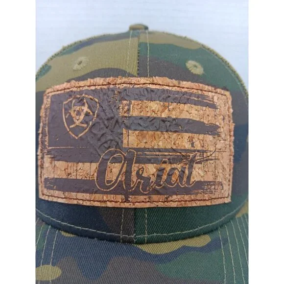 Ariat Flag Patch Baseball Hat Cap Green Camo Mesh Back Snap Back Cork Patch - Picture 2 of 8